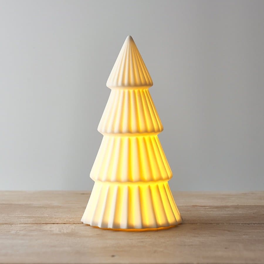 White ceramic Christmas tree with lights, 20.5cm