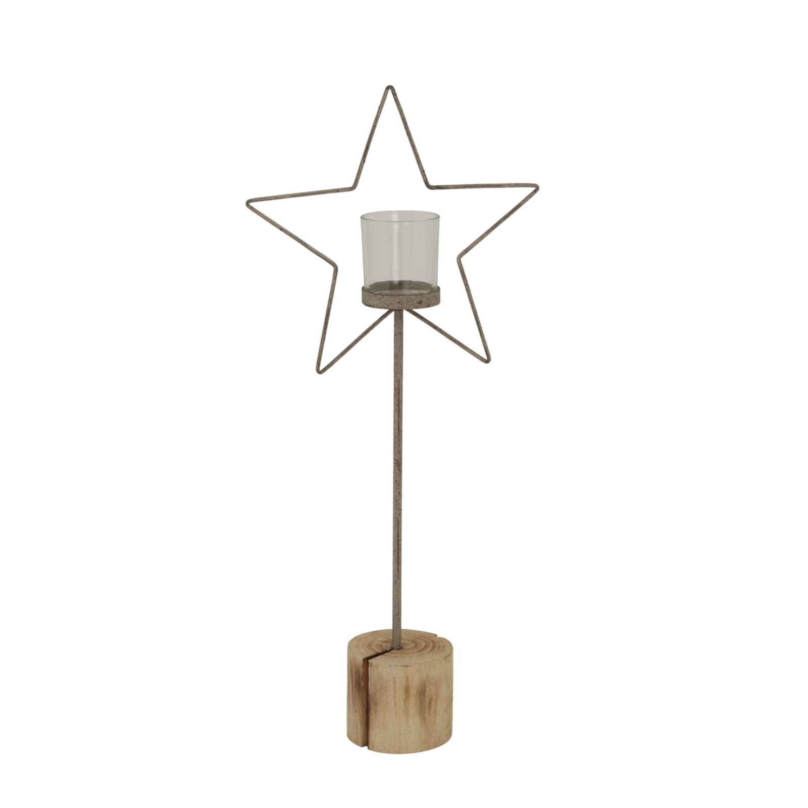 Large Natural Rustic Star On Wood Stand With Glass Votive