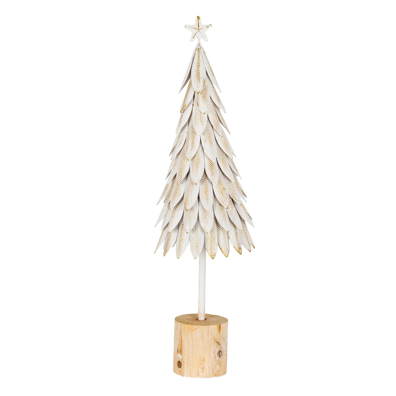 Large White Metal Christmas Tree on Wooden Stand